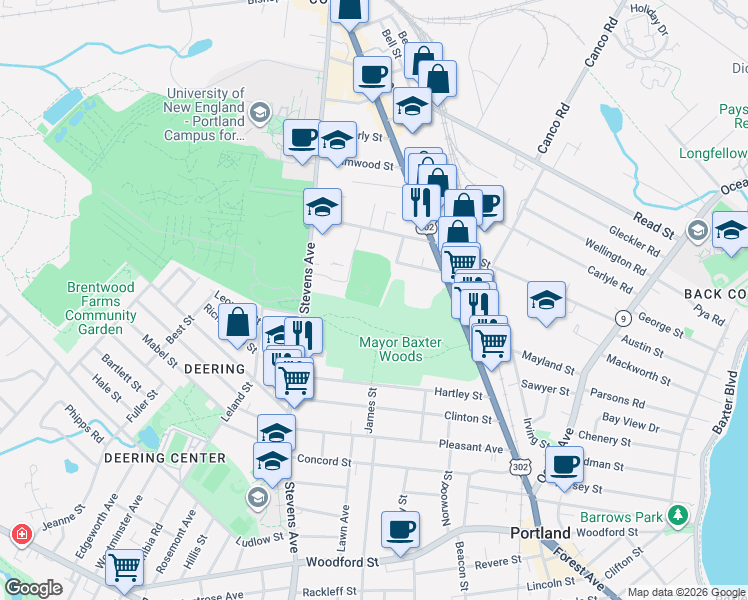map of restaurants, bars, coffee shops, grocery stores, and more near 605 Stevens Avenue in Portland