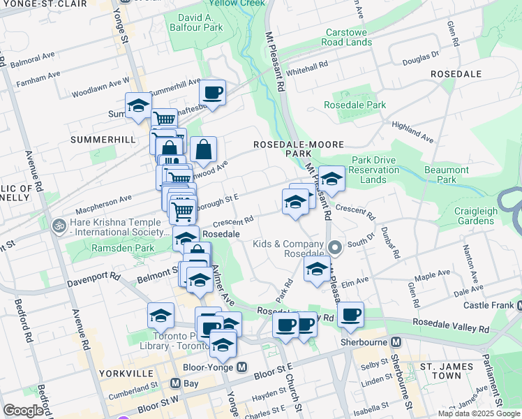 map of restaurants, bars, coffee shops, grocery stores, and more near 80 Crescent Road in Toronto