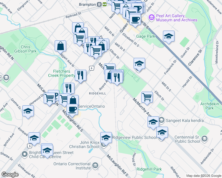 map of restaurants, bars, coffee shops, grocery stores, and more near 12 Sheard Avenue in Brampton