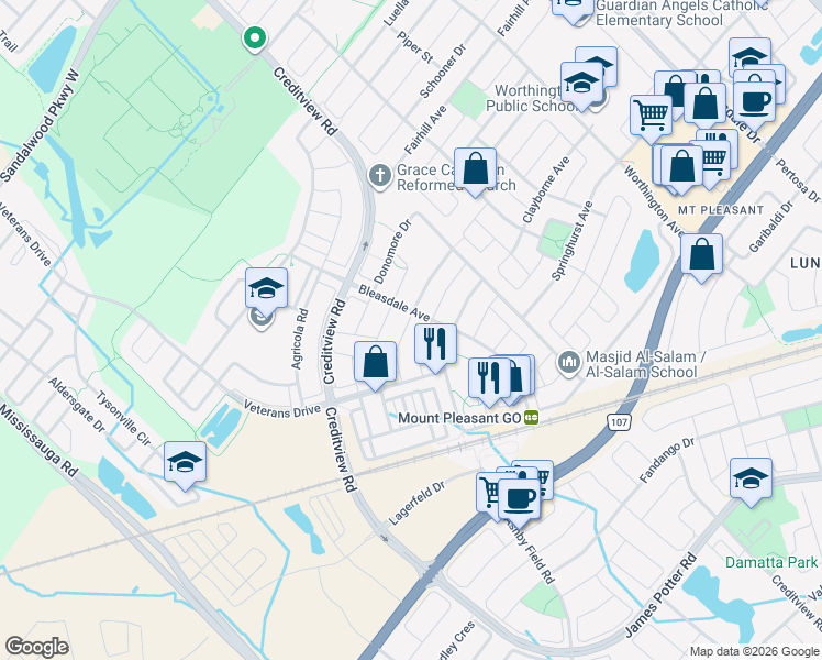 map of restaurants, bars, coffee shops, grocery stores, and more near 77 Bevington Road in Brampton