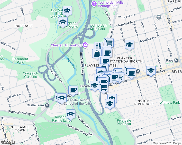map of restaurants, bars, coffee shops, grocery stores, and more near 70 Cambridge Avenue in Toronto