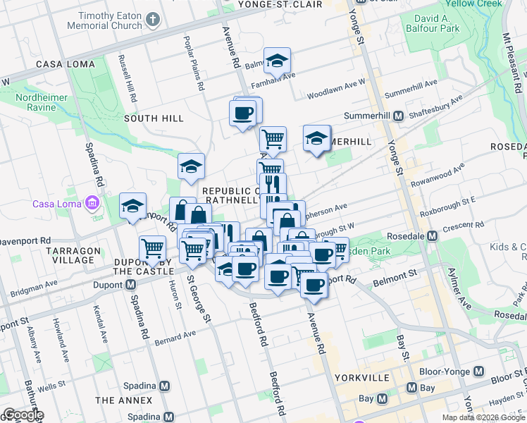 map of restaurants, bars, coffee shops, grocery stores, and more near 234 Macpherson Avenue in Toronto