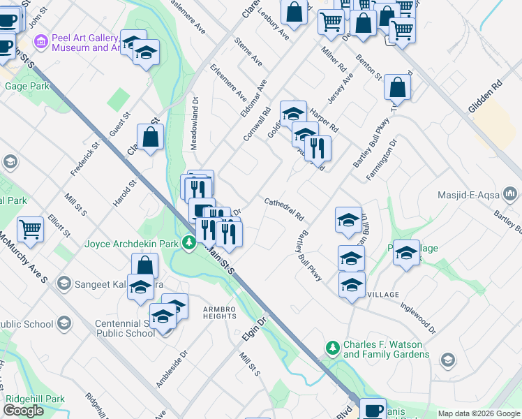map of restaurants, bars, coffee shops, grocery stores, and more near 4 Derwent Avenue in Brampton