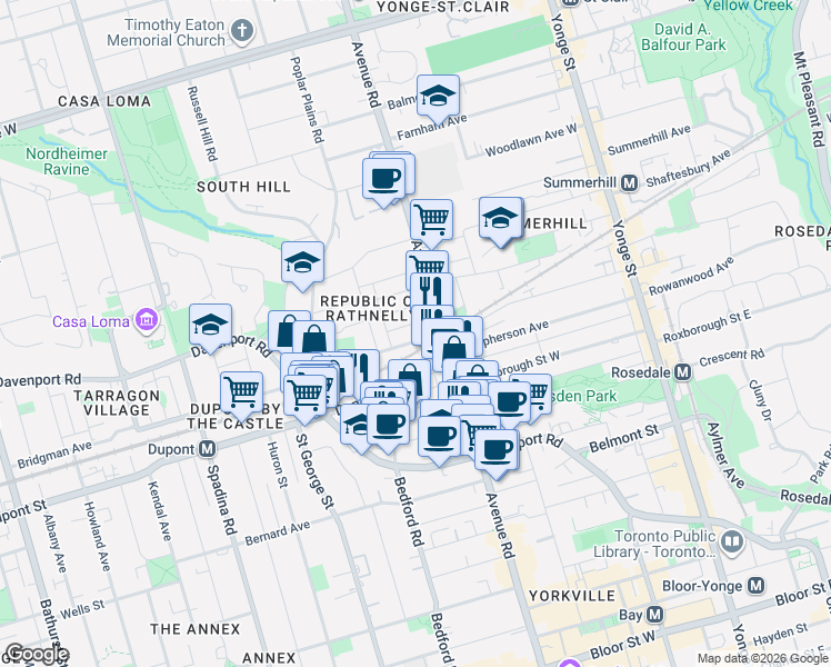 map of restaurants, bars, coffee shops, grocery stores, and more near 234 Macpherson Avenue in Toronto