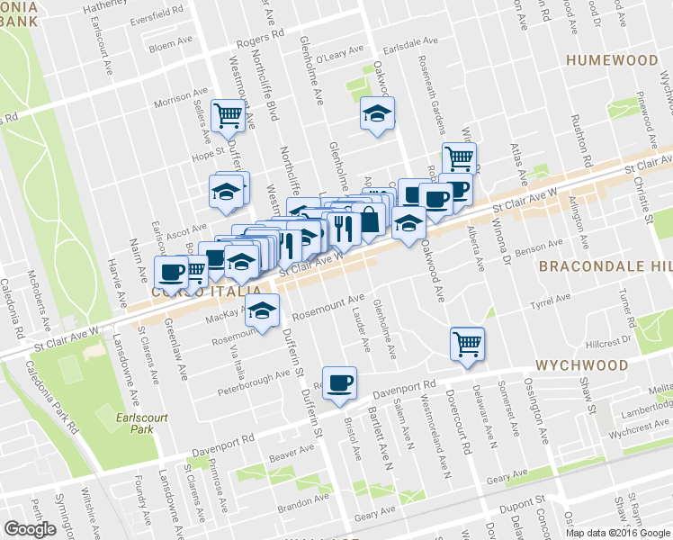 map of restaurants, bars, coffee shops, grocery stores, and more near 1069 Saint Clair Avenue West in Toronto