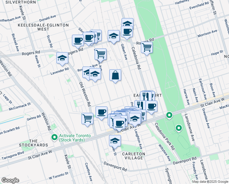 map of restaurants, bars, coffee shops, grocery stores, and more near 163 Silverthorn Avenue in Toronto