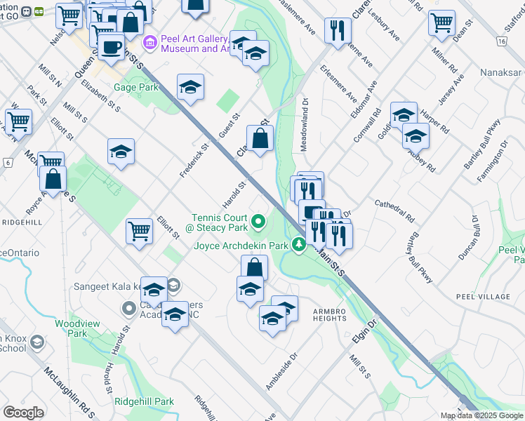 map of restaurants, bars, coffee shops, grocery stores, and more near 141 Main Street South in Brampton