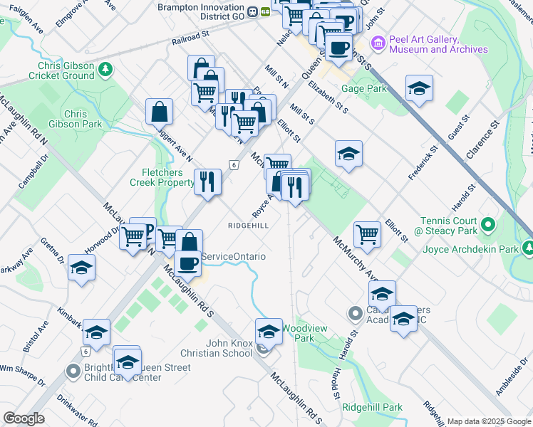 map of restaurants, bars, coffee shops, grocery stores, and more near in Brampton