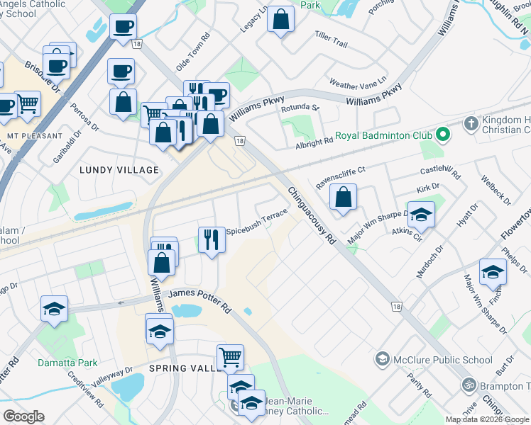 map of restaurants, bars, coffee shops, grocery stores, and more near in Brampton
