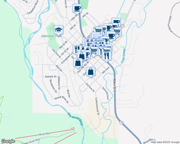 map of restaurants, bars, coffee shops, grocery stores, and more near 171 Second Street in Ketchum