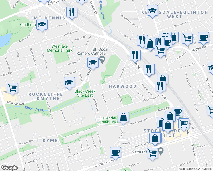 map of restaurants, bars, coffee shops, grocery stores, and more near 111 Cayuga Avenue in Toronto