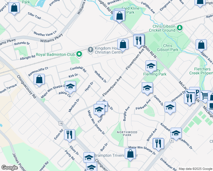 map of restaurants, bars, coffee shops, grocery stores, and more near in Brampton