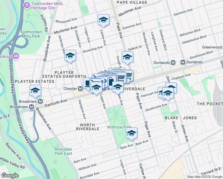 map of restaurants, bars, coffee shops, grocery stores, and more near 529 Danforth Avenue in Toronto