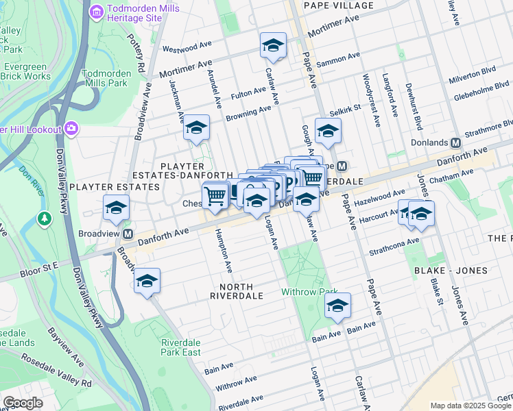 map of restaurants, bars, coffee shops, grocery stores, and more near 456 Danforth Avenue in Toronto