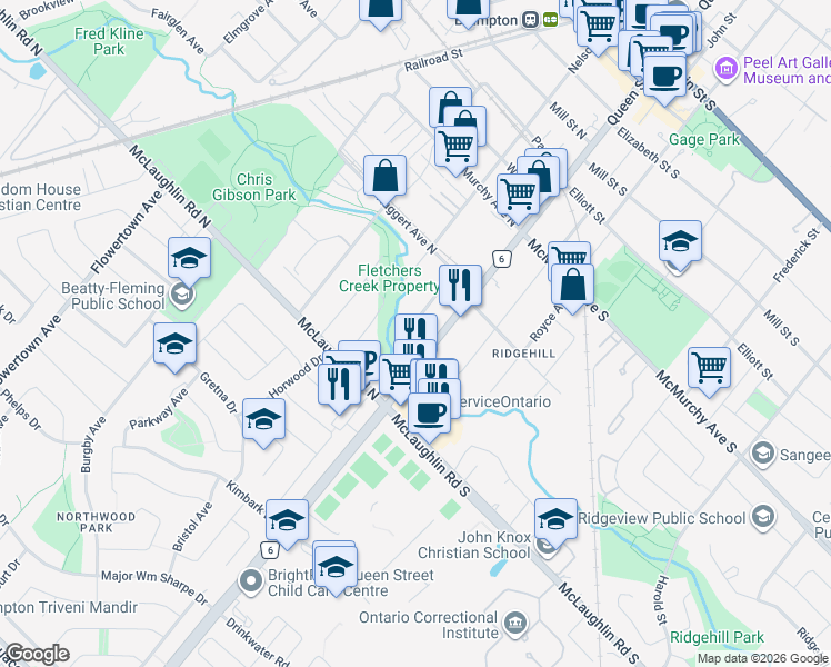 map of restaurants, bars, coffee shops, grocery stores, and more near 34 Mercer Drive in Brampton