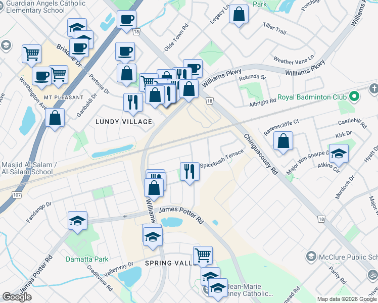 map of restaurants, bars, coffee shops, grocery stores, and more near 2 Tanasi Road in Brampton