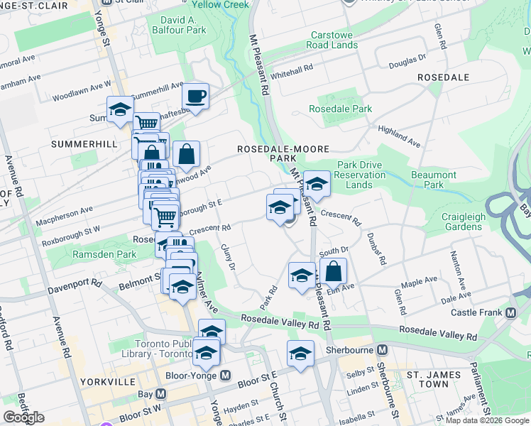 map of restaurants, bars, coffee shops, grocery stores, and more near 94 Crescent Road in Toronto