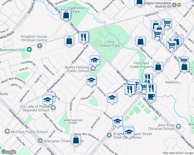 map of restaurants, bars, coffee shops, grocery stores, and more near 76 Sanford Crescent in Brampton