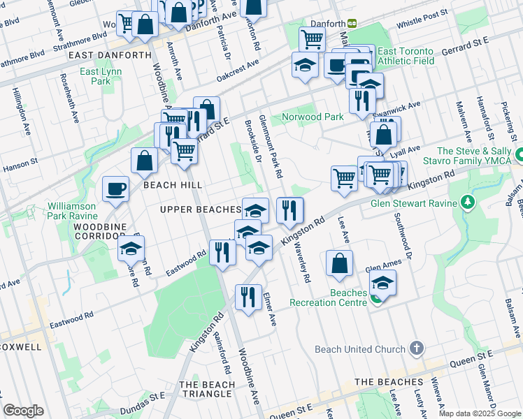 map of restaurants, bars, coffee shops, grocery stores, and more near 25 Firstbrooke Road in Toronto