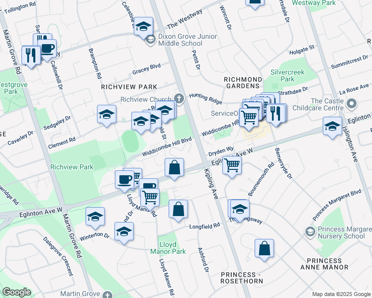map of restaurants, bars, coffee shops, grocery stores, and more near 53 Widdicombe Hill Boulevard in Toronto