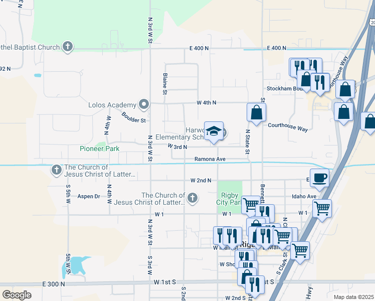 map of restaurants, bars, coffee shops, grocery stores, and more near 390 North 2nd West in Rigby