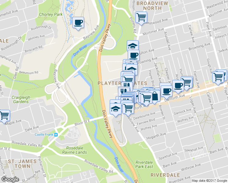 map of restaurants, bars, coffee shops, grocery stores, and more near 13 Ozark Crescent in Toronto