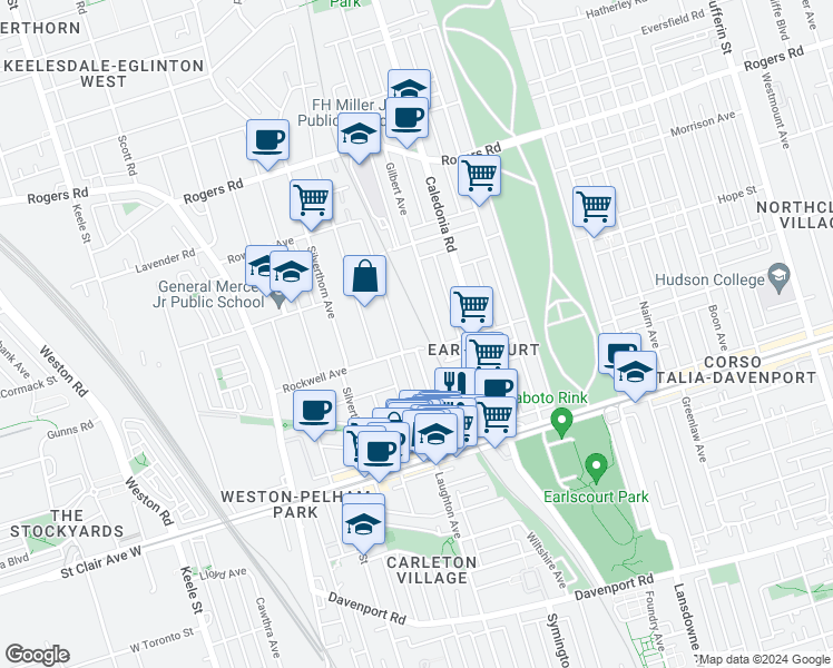 map of restaurants, bars, coffee shops, grocery stores, and more near 40 Gilbert Avenue in Toronto