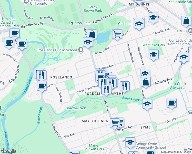 map of restaurants, bars, coffee shops, grocery stores, and more near in Toronto