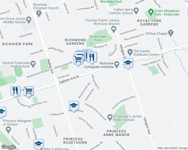 map of restaurants, bars, coffee shops, grocery stores, and more near in Toronto