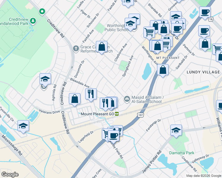 map of restaurants, bars, coffee shops, grocery stores, and more near 4 Klemscott Road in Brampton