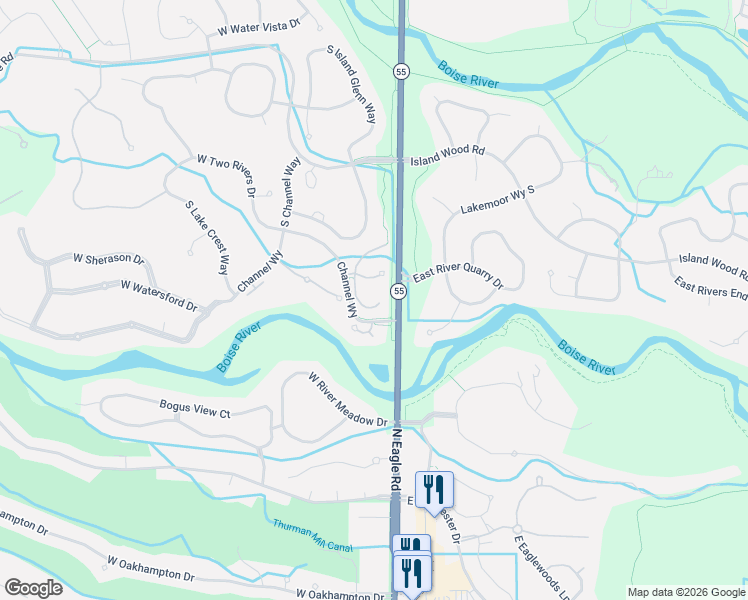 map of restaurants, bars, coffee shops, grocery stores, and more near 1916 South Stream Pointe Lane in Eagle