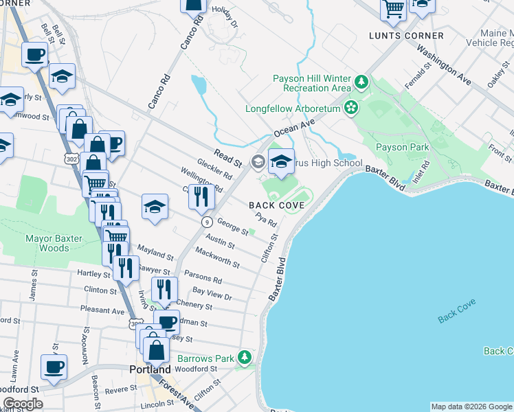 map of restaurants, bars, coffee shops, grocery stores, and more near 32 Pya Road in Portland