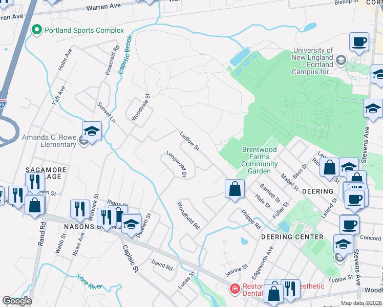 map of restaurants, bars, coffee shops, grocery stores, and more near 36 Four Winds Road in Portland