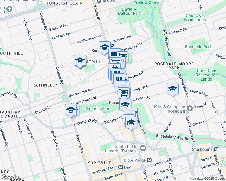 map of restaurants, bars, coffee shops, grocery stores, and more near 20 Roxborough Street West in Toronto