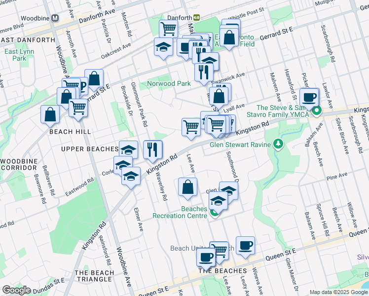 map of restaurants, bars, coffee shops, grocery stores, and more near 550 Kingston Road in Toronto
