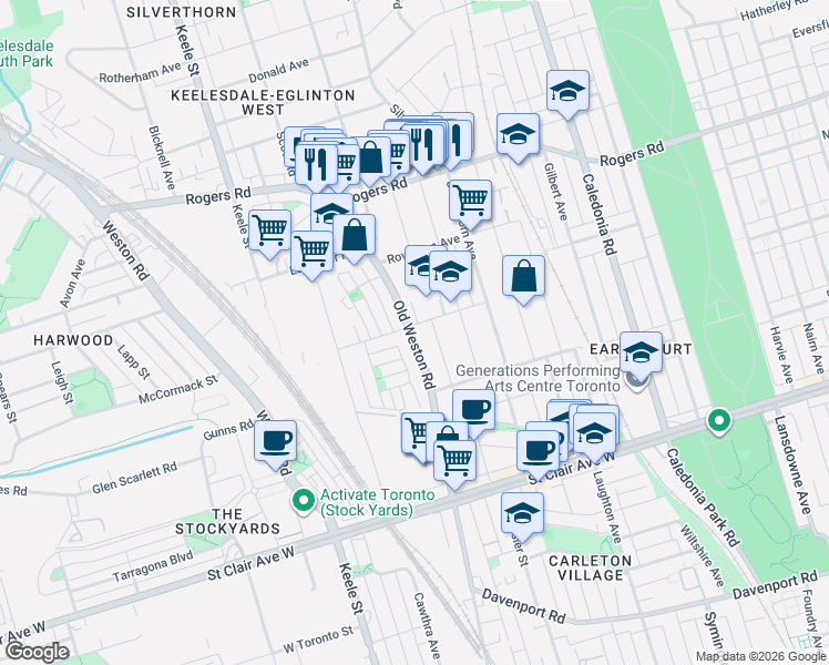 map of restaurants, bars, coffee shops, grocery stores, and more near 583 Old Weston Road in Toronto