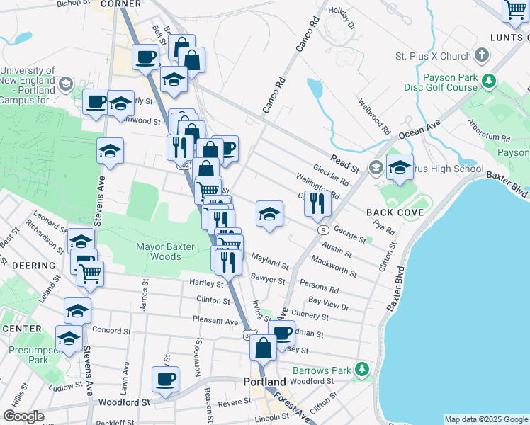map of restaurants, bars, coffee shops, grocery stores, and more near 76 Walton Street in Portland
