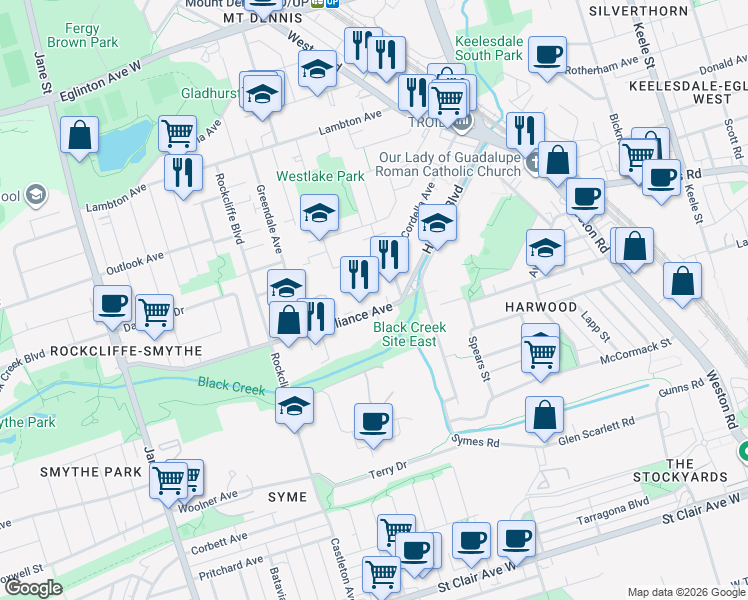 map of restaurants, bars, coffee shops, grocery stores, and more near 380 Alliance Avenue in Toronto