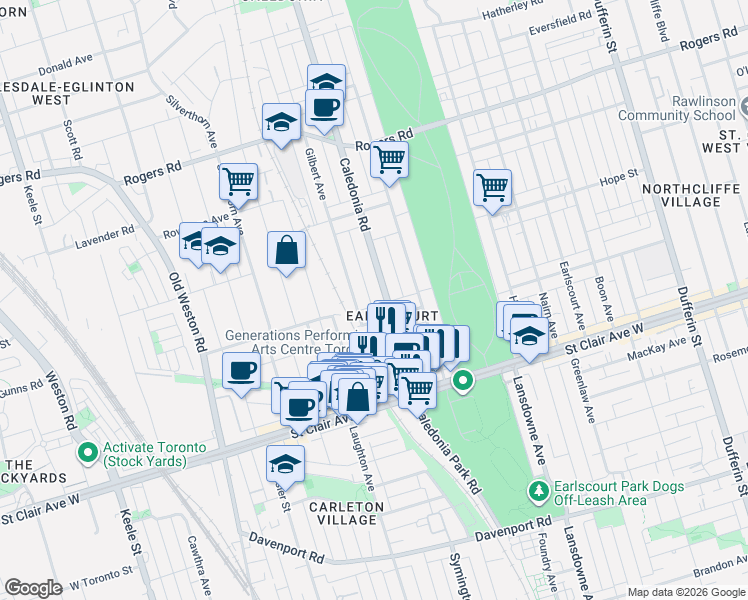 map of restaurants, bars, coffee shops, grocery stores, and more near 106 Caledonia Road in Toronto