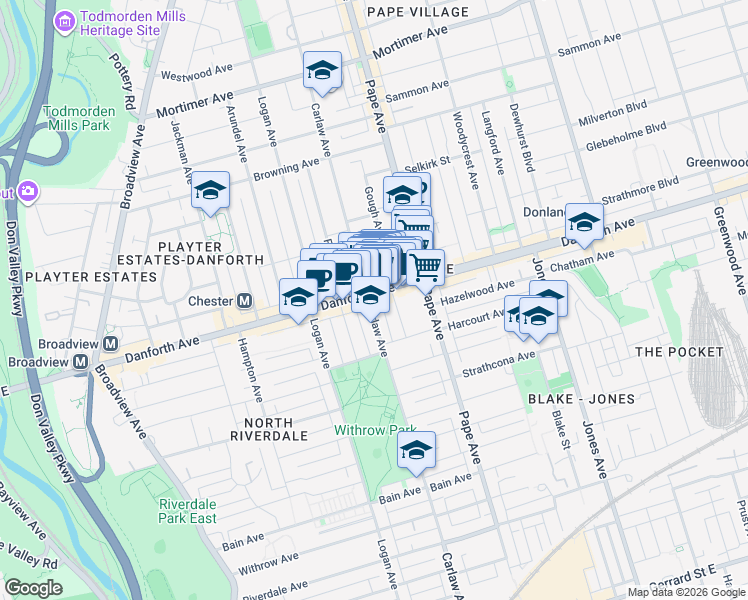 map of restaurants, bars, coffee shops, grocery stores, and more near 563 Danforth Avenue in Toronto