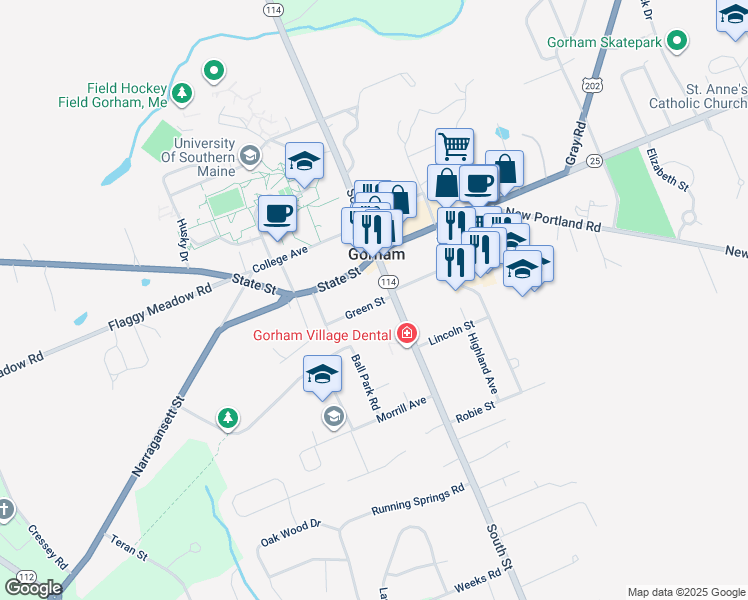 map of restaurants, bars, coffee shops, grocery stores, and more near 7 Green Street in Gorham
