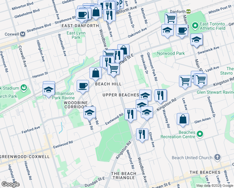 map of restaurants, bars, coffee shops, grocery stores, and more near 650 Woodbine Avenue in Toronto
