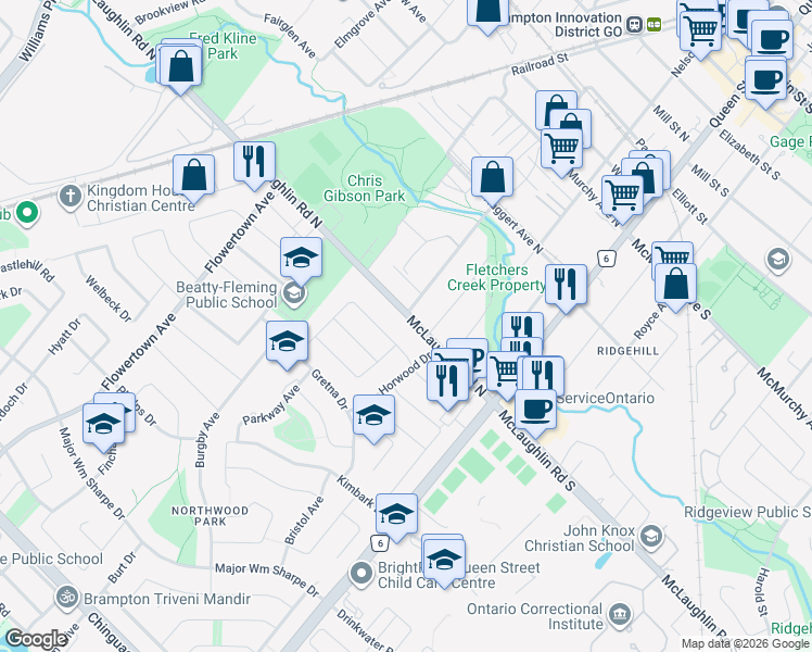 map of restaurants, bars, coffee shops, grocery stores, and more near 40 McLaughlin Road North in Brampton