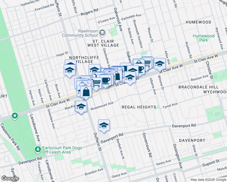 map of restaurants, bars, coffee shops, grocery stores, and more near 94 Glenholme Avenue in Toronto