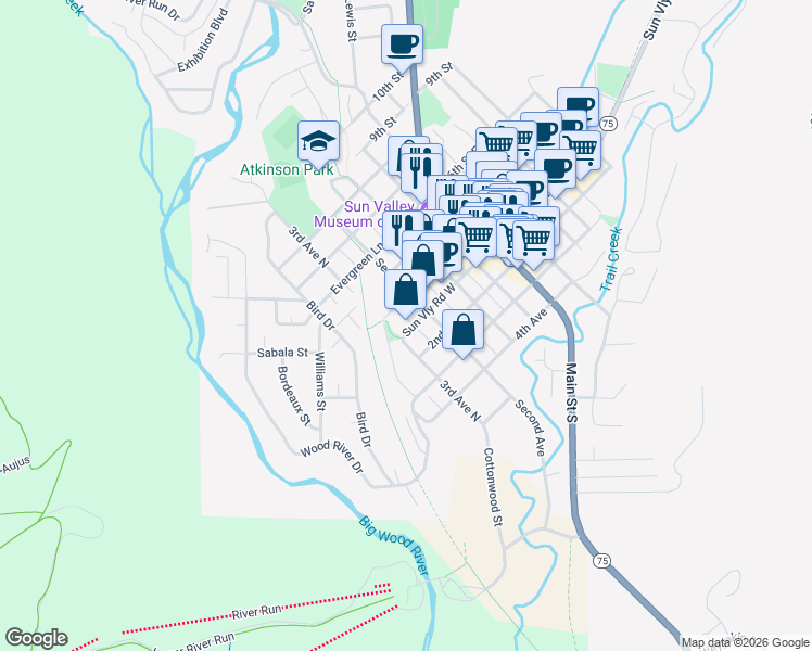 map of restaurants, bars, coffee shops, grocery stores, and more near 193-289 Sun Valley Road West in Ketchum