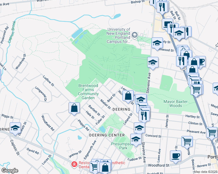 map of restaurants, bars, coffee shops, grocery stores, and more near 155 Brentwood Street in Portland