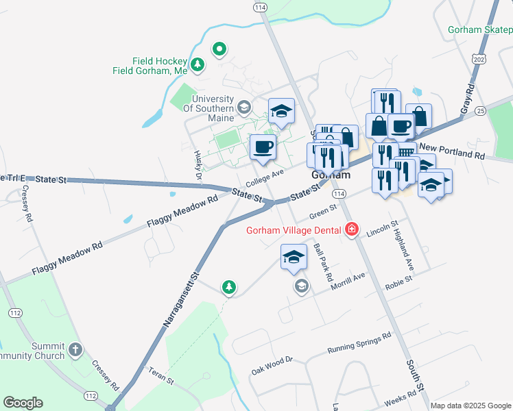 map of restaurants, bars, coffee shops, grocery stores, and more near 108 State Street in Gorham