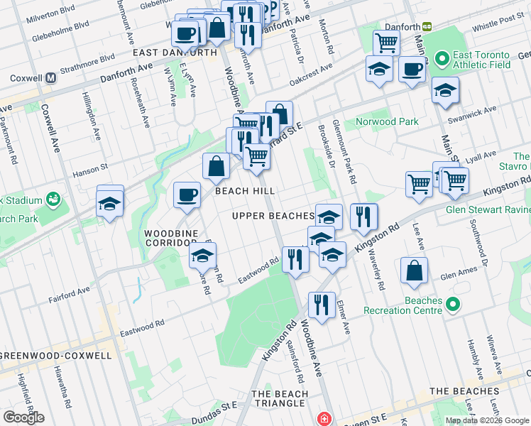 map of restaurants, bars, coffee shops, grocery stores, and more near 650 Woodbine Avenue in Toronto