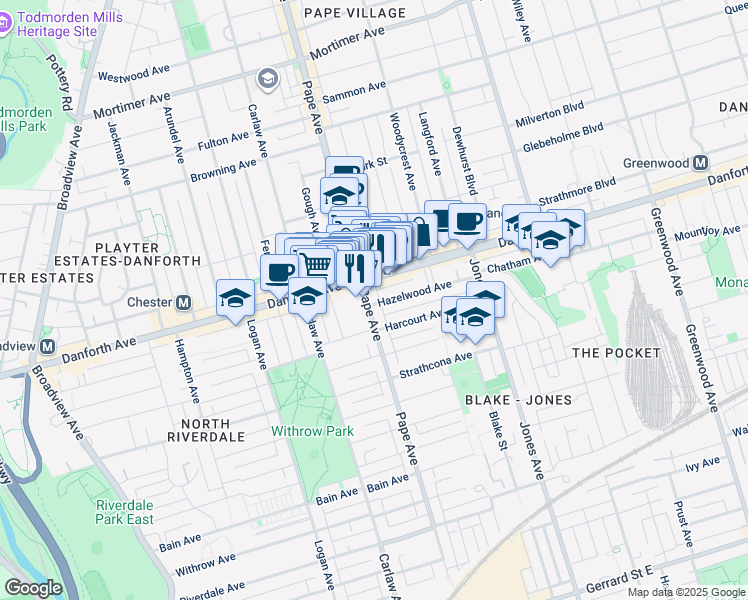 map of restaurants, bars, coffee shops, grocery stores, and more near in Toronto