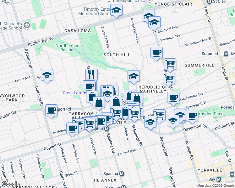 map of restaurants, bars, coffee shops, grocery stores, and more near in Toronto